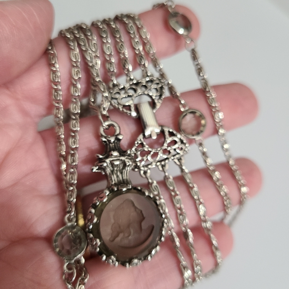 Vintage Goldette Long Necklace Intaglio Smoky Glass Cameo Estate Snail Chain